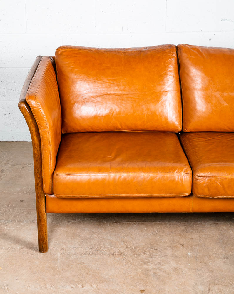 Mid Century Danish Modern Sofa 3 Seater Skalma Tan Leather Cognac Couch Oak Wood - Image 10