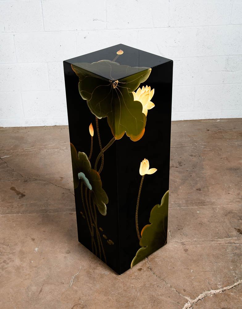 Mid Century Modern Pedestal Black Laquer Table Hand Painted Display Art Asian NM - Image 4