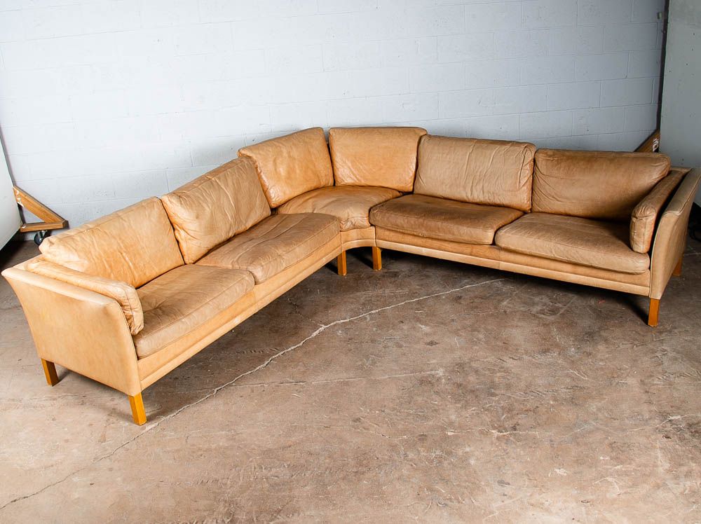 Mid Century Danish Modern Sectional Sofa Couch Leather Tan Natural Mogens Hansen - Image 3