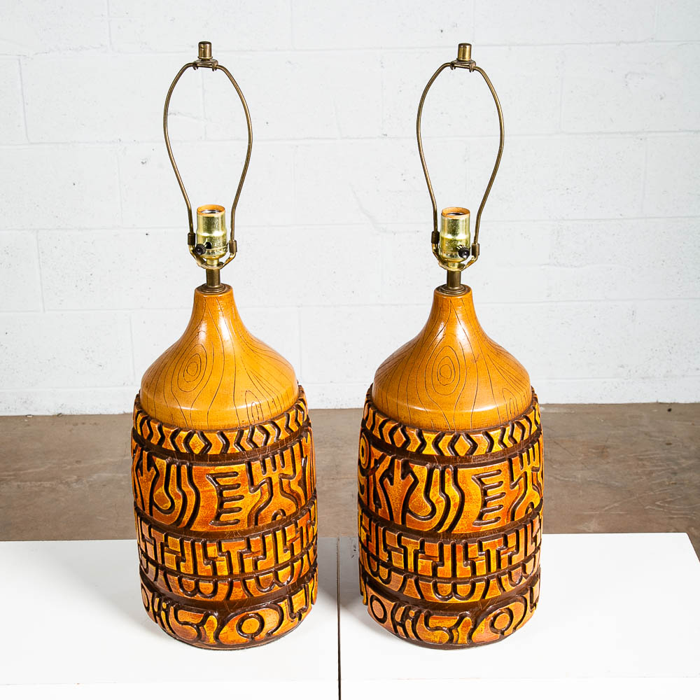 Mid Century Modern Table Lamp Set Pair Orange Brown Vintage Abstract Working 70s - Image 3