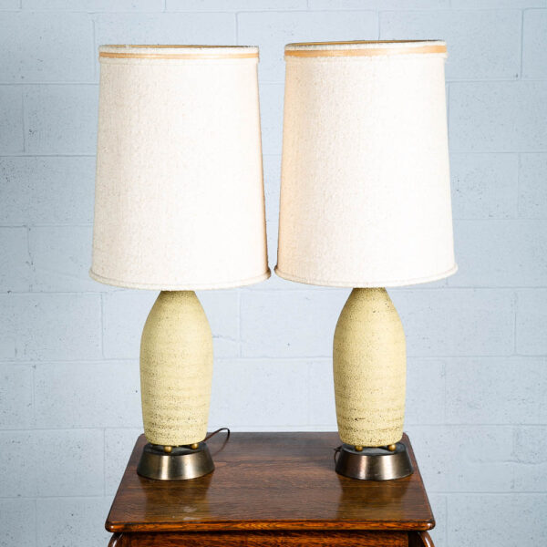 Mid Century Modern Table Lamp Set Pair Tan Ceramic Two Working Brass Vintage VG - Image 3