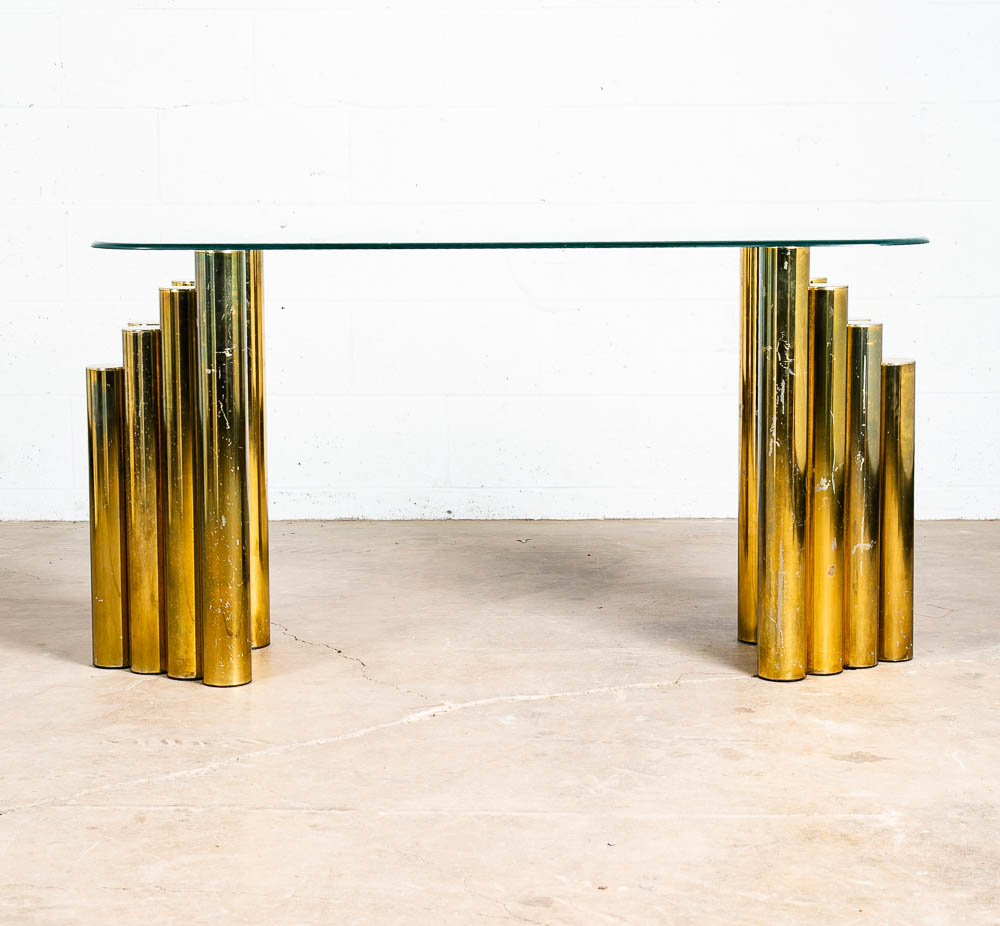 Mid Century Modern Console Table Brass Glass Vintage Circular Gold Cylinder Mcm