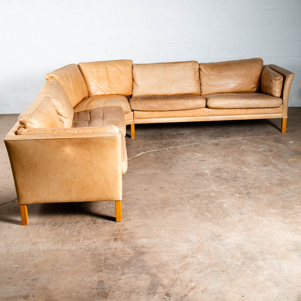 Mid Century Danish Modern Sectional Sofa Couch Leather Tan Natural Mogens Hansen - Image 2