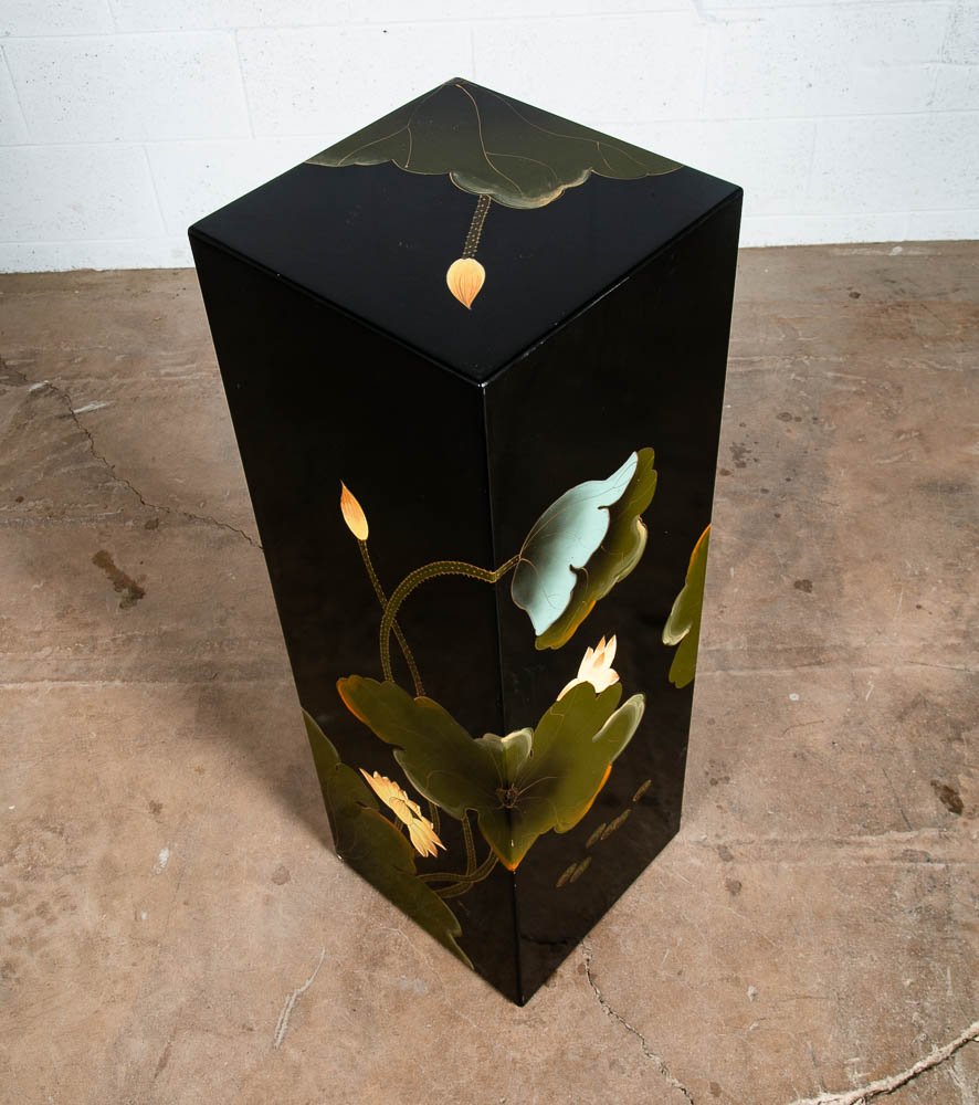 Mid Century Modern Pedestal Black Laquer Table Hand Painted Display Art Asian NM - Image 6