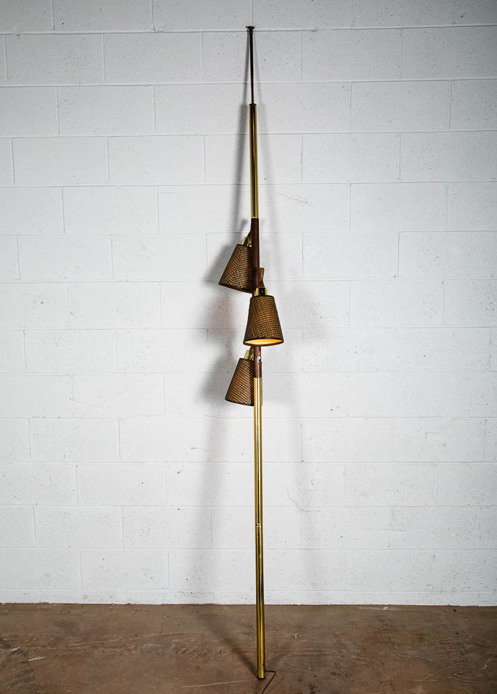 Mid Century Modern Floor Lamp Tension Pole 3 Light Wood Shades Mcm Brass M - Image 4