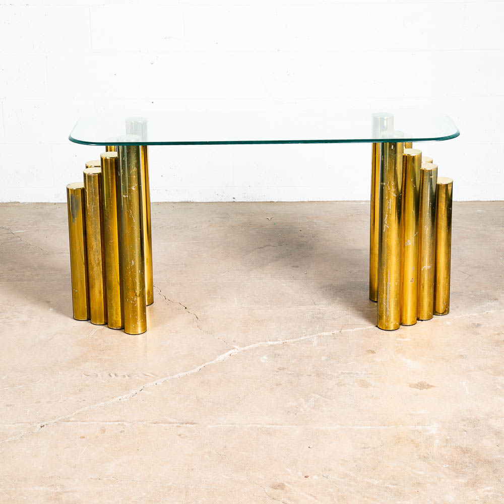 Mid Century Modern Console Table Brass Glass Vintage Circular Gold Cylinder Mcm - Image 4
