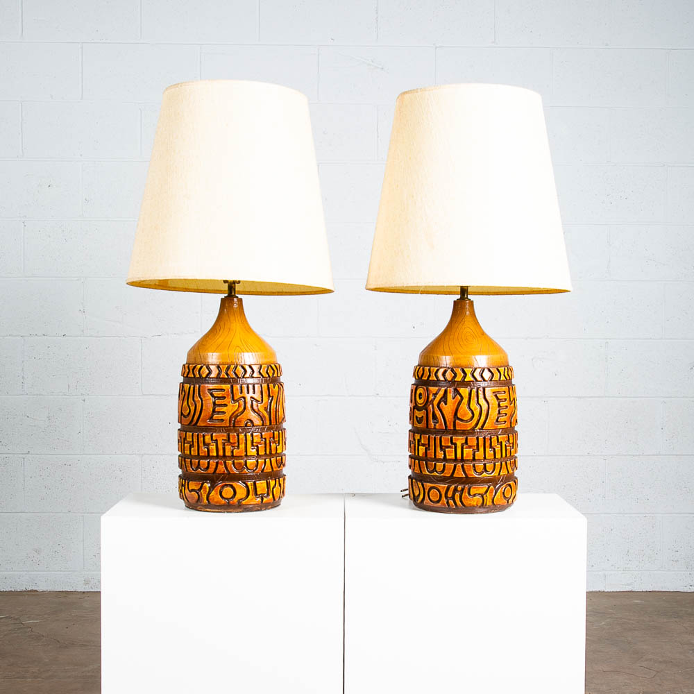 Mid Century Modern Table Lamp Set Pair Orange Brown Vintage Abstract Working 70s - Image 2