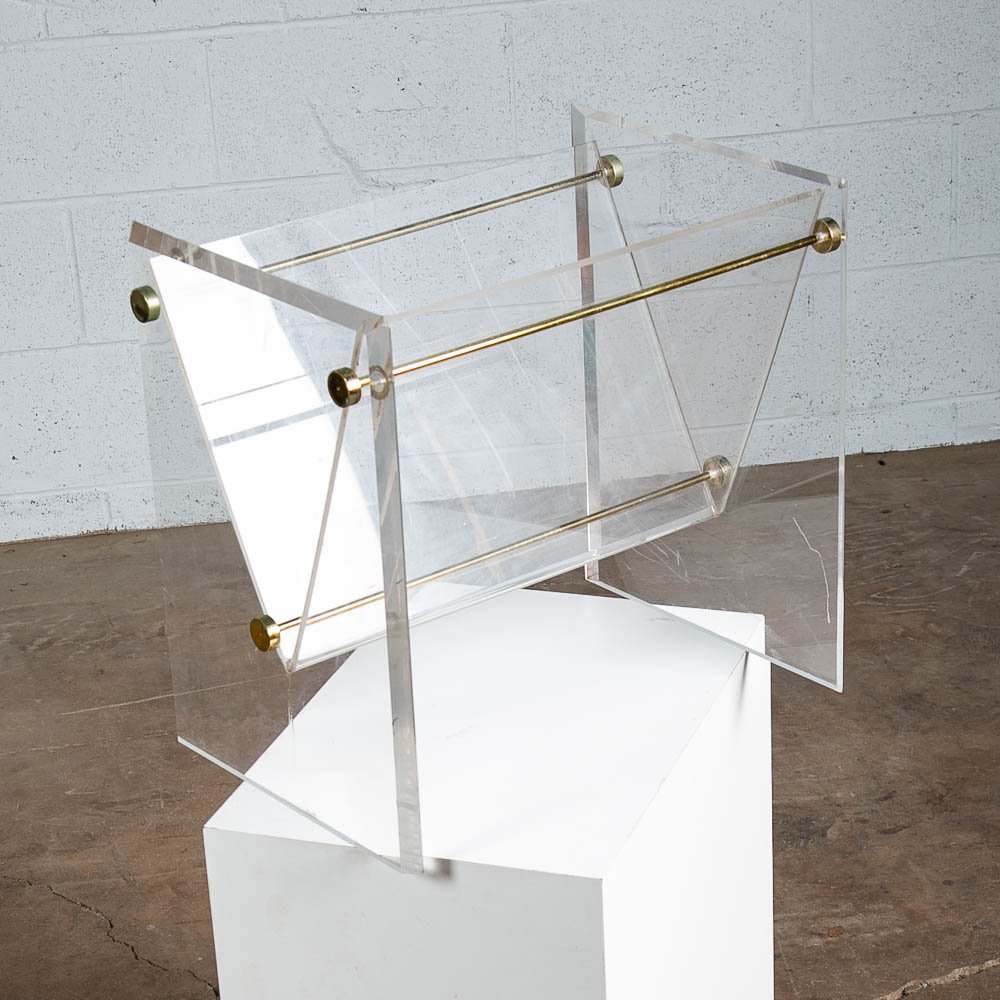 Mid Century Modern Magazine Holder Lucite Brass Modernist Gold Vintage Translucent - Image 3
