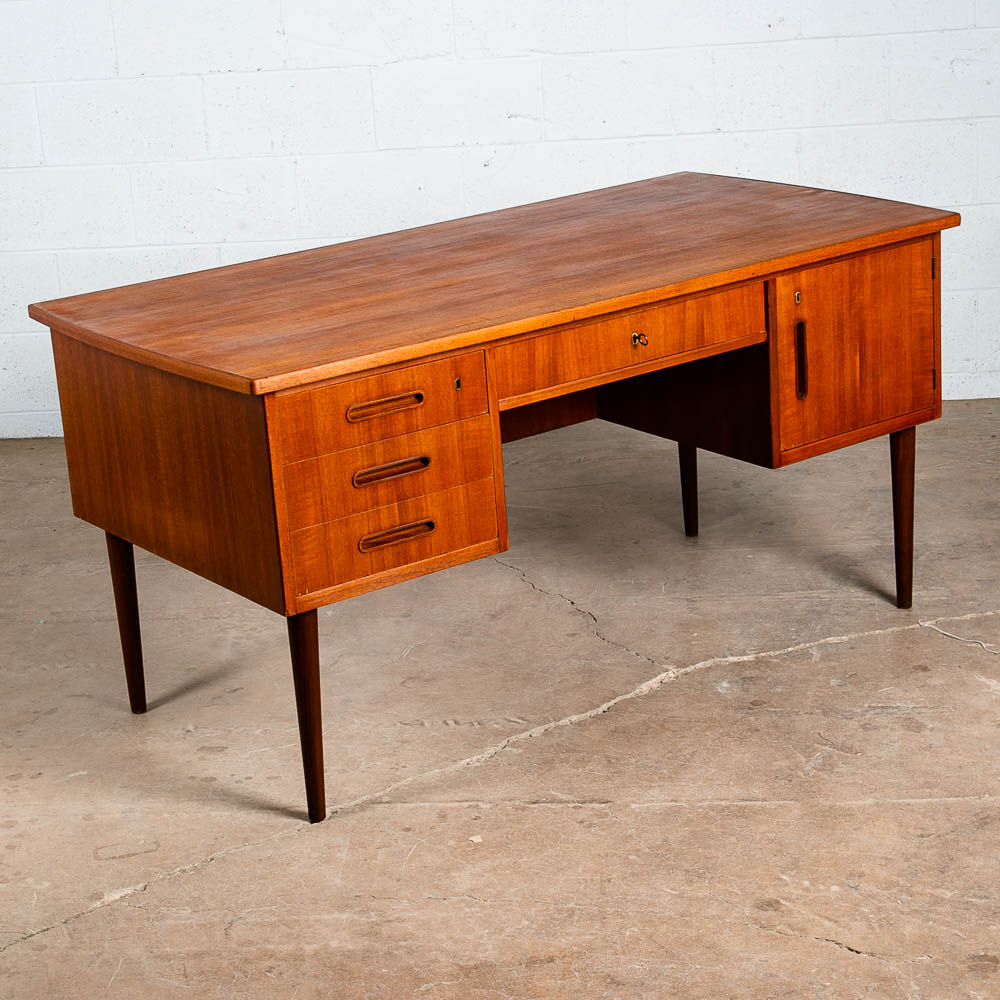 Mid Century Danish Modern Desk Executive Teak 6 Drawer Bookshelf Floating Lock - Image 2