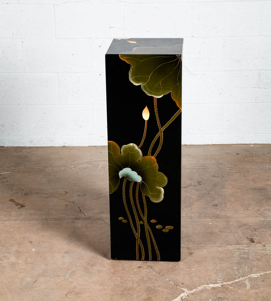 Mid Century Modern Pedestal Black Laquer Table Hand Painted Display Art Asian NM - Image 2
