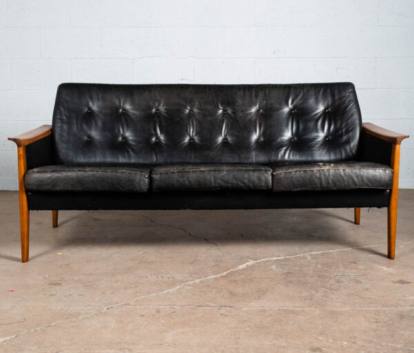 Mid Century Danish Modern Sofa Couch Leather Hans Olsen Black Arm Glostrup Teak - Image 2