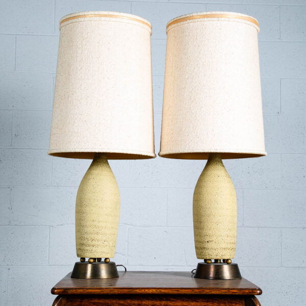 Mid Century Modern Table Lamp Set Pair Tan Ceramic Two Working Brass Vintage VG
