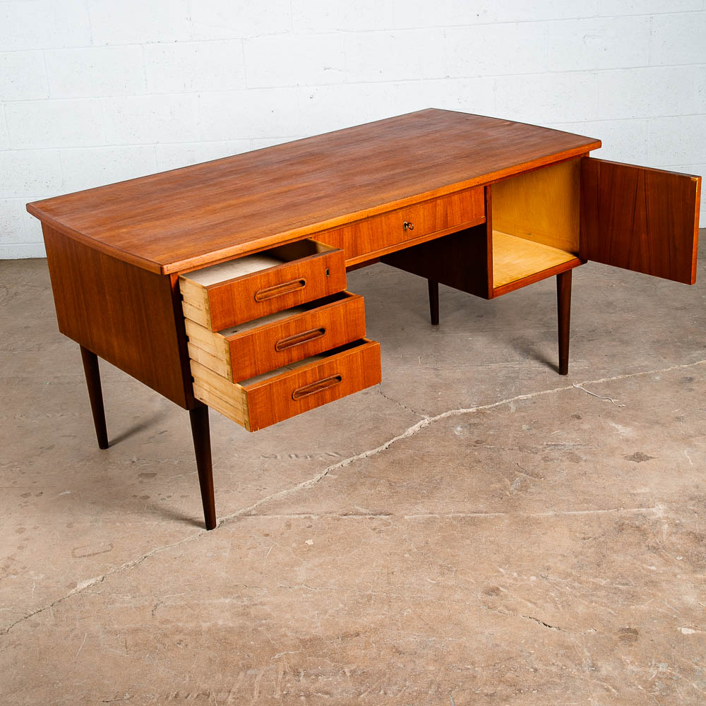 Mid Century Danish Modern Desk Executive Teak 6 Drawer Bookshelf Floating Lock - Image 3