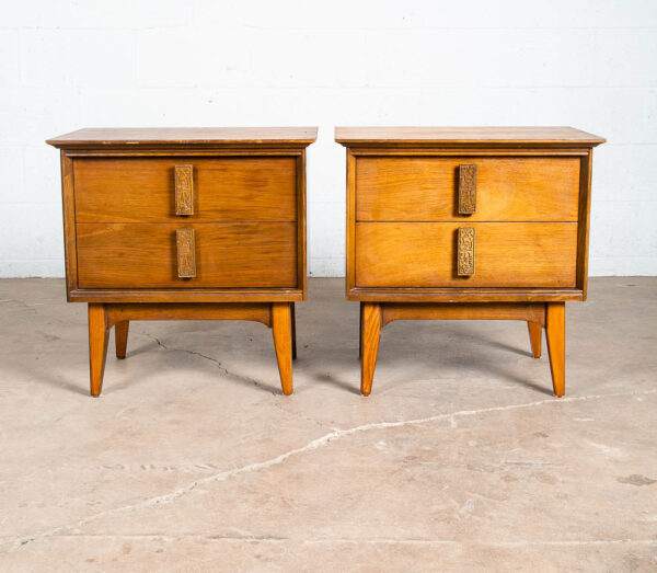 Mid Century Modern Nightstands End Table Set Side Bassett Mayan 2 Drawers Walnut - Image 2