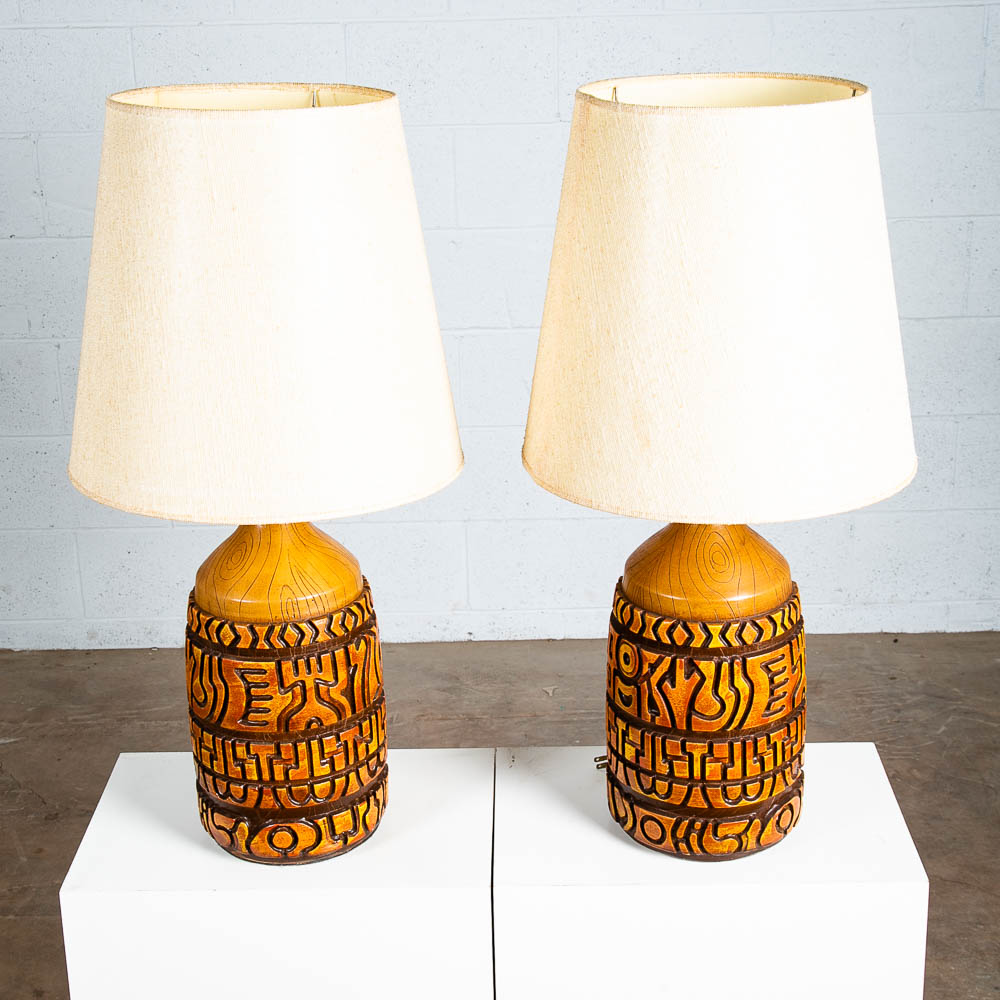 Mid Century Modern Table Lamp Set Pair Orange Brown Vintage Abstract Working 70s