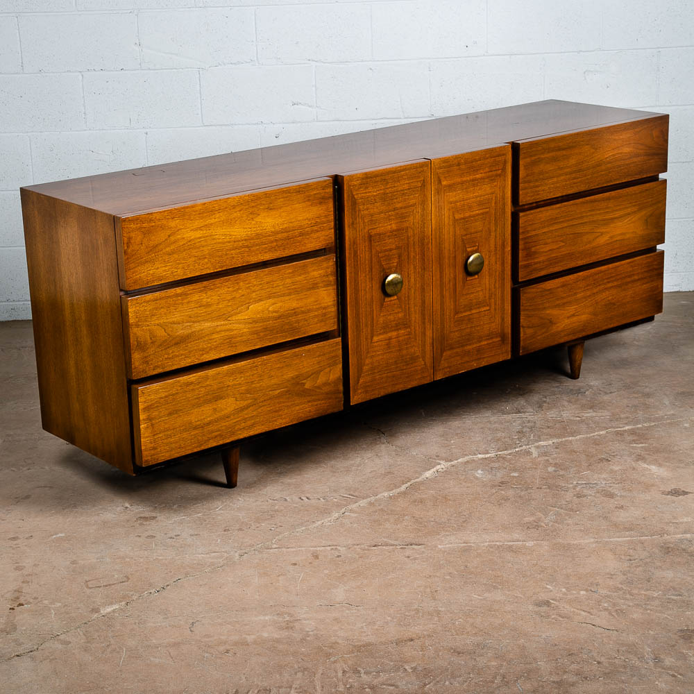 Mid Century Modern Credenza Dresser American Martinsville Walnut Wood 9 Drawer