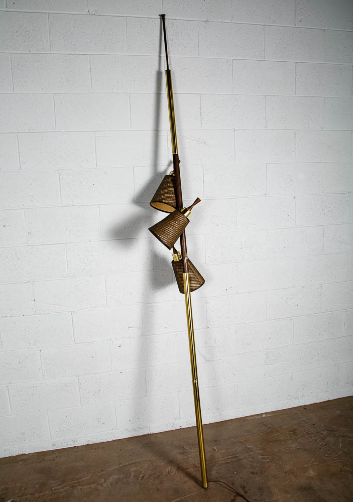 Mid Century Modern Floor Lamp Tension Pole 3 Light Wood Shades Mcm Brass M