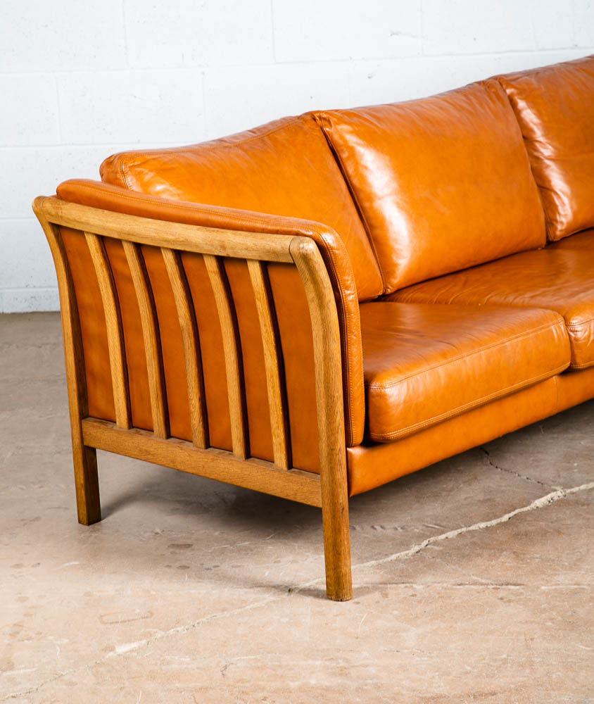 Mid Century Danish Modern Sofa 3 Seater Skalma Tan Leather Cognac Couch Oak Wood - Image 11
