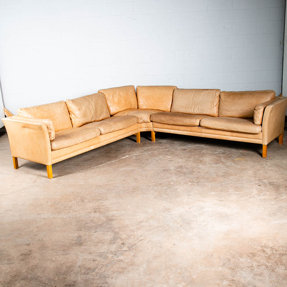 Mid Century Danish Modern Sectional Sofa Couch Leather Tan Natural Mogens Hansen