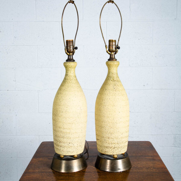 Mid Century Modern Table Lamp Set Pair Tan Ceramic Two Working Brass Vintage VG - Image 2