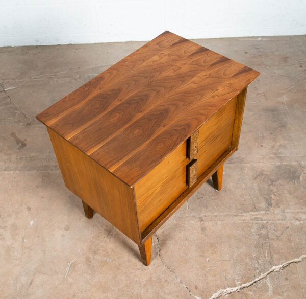 Mid Century Modern Nightstands End Table Set Side Bassett Mayan 2 Drawers Walnut - Image 5