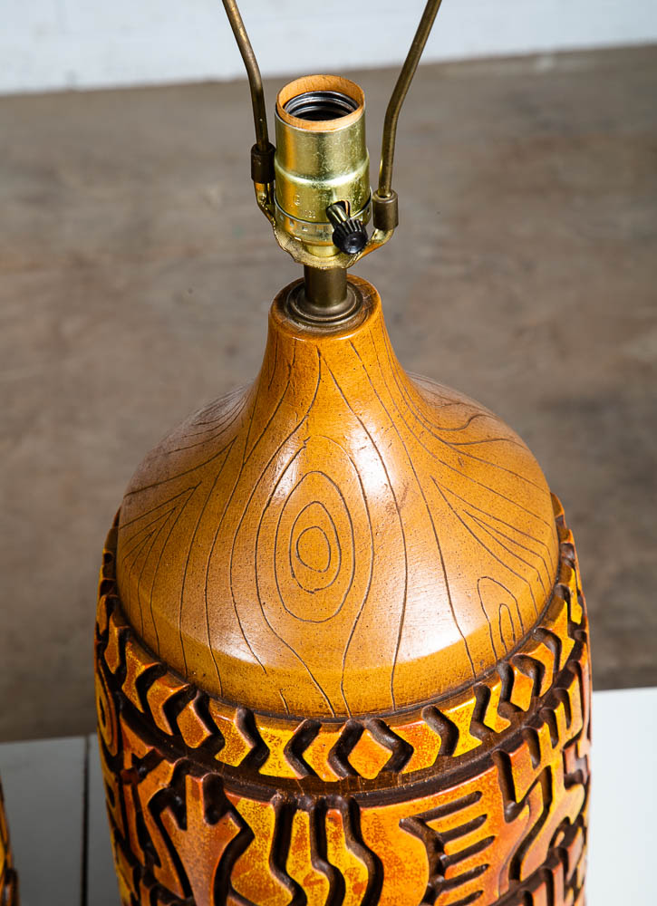 Mid Century Modern Table Lamp Set Pair Orange Brown Vintage Abstract Working 70s - Image 10