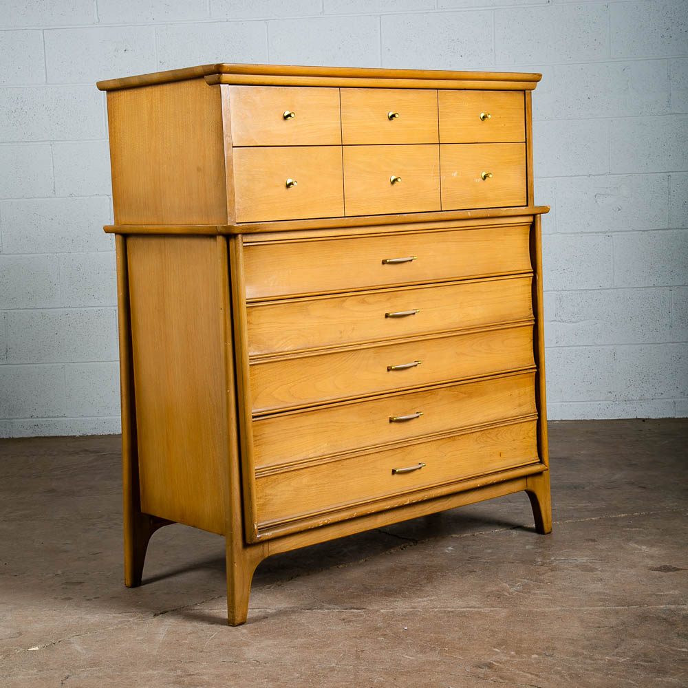 Mid Century Modern Dresser Highboy 5 Drawer Huntley Bleached Walnut Vintage