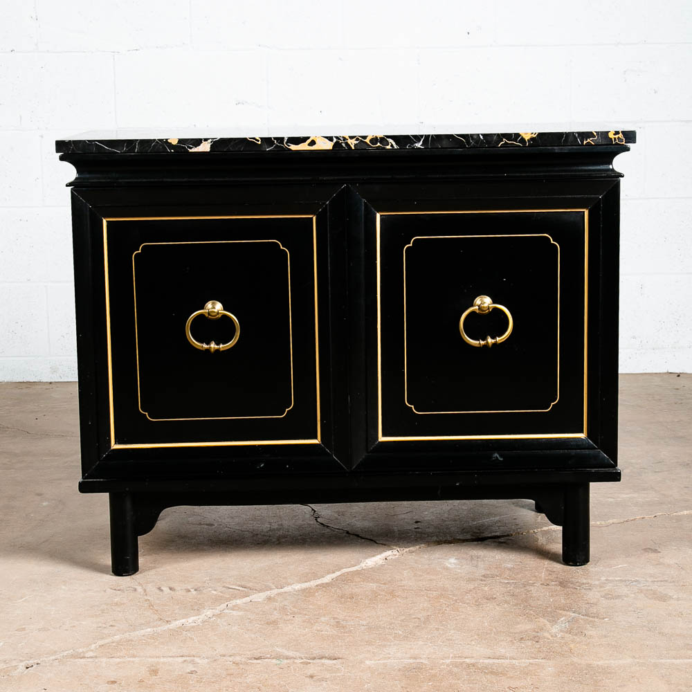 Mid Century Modern Credenza Cabinet Marble Black Lacquer Doors Compact Gold Door - Image 4