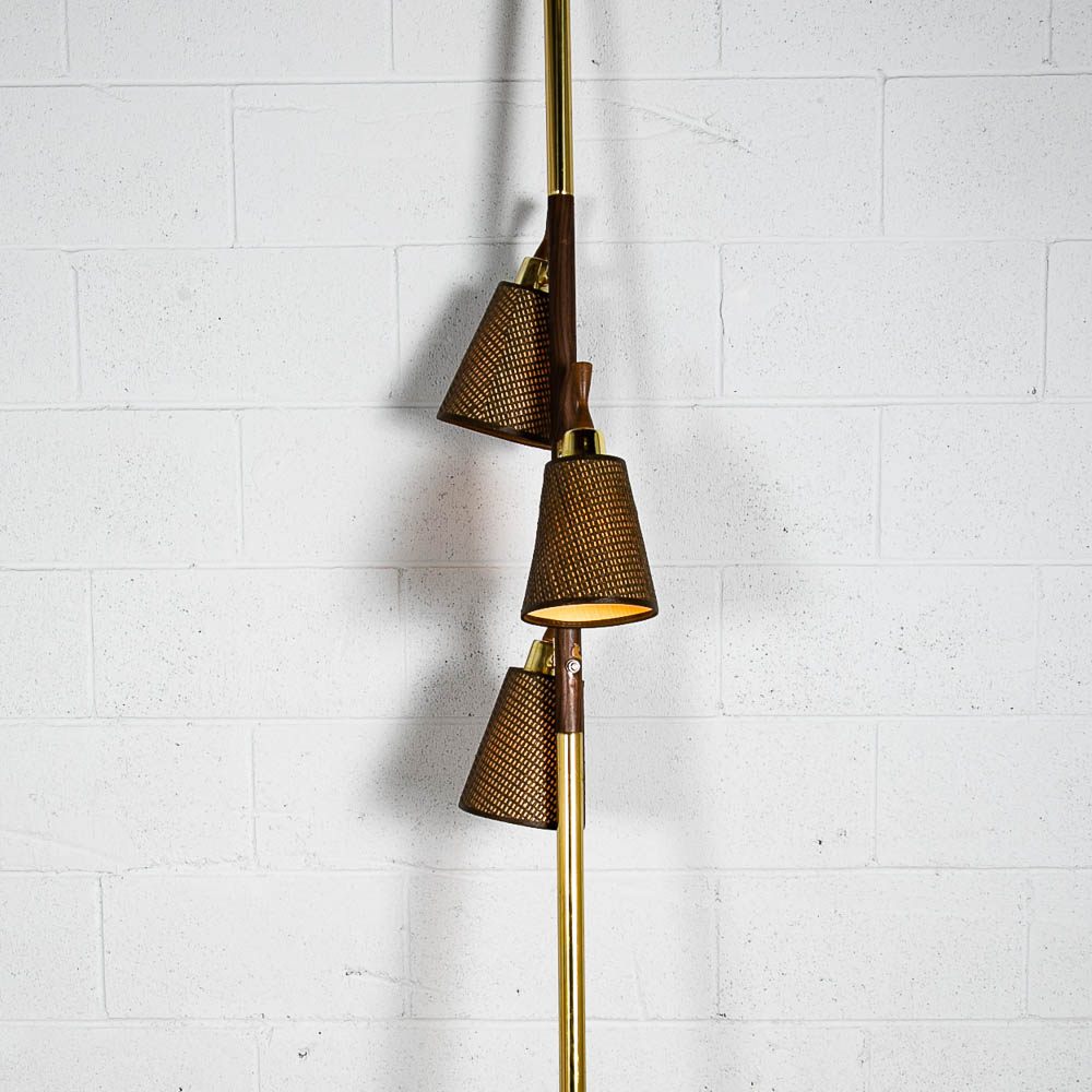 Mid Century Modern Floor Lamp Tension Pole 3 Light Wood Shades Mcm Brass M - Image 7