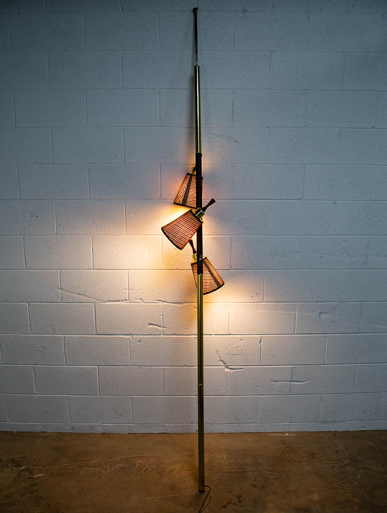 Mid Century Modern Floor Lamp Tension Pole 3 Light Wood Shades Mcm Brass M - Image 3