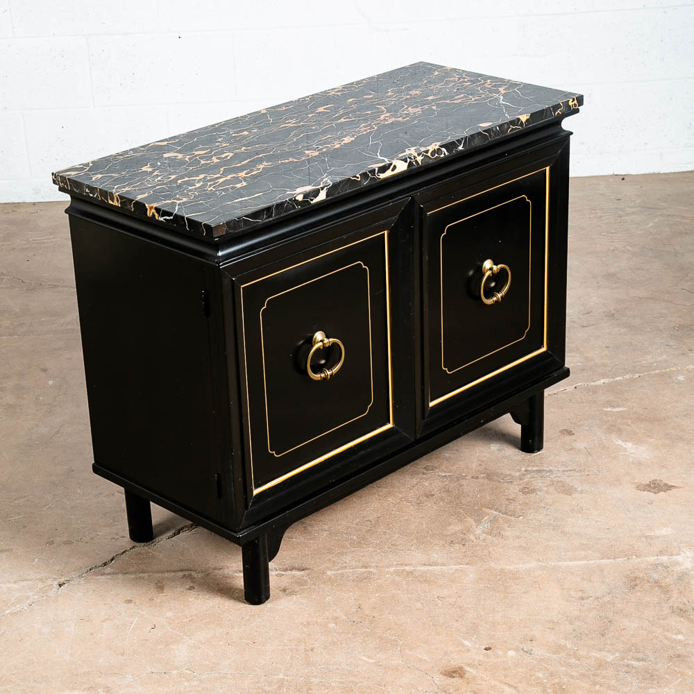 Mid Century Modern Credenza Cabinet Marble Black Lacquer Doors Compact Gold Door
