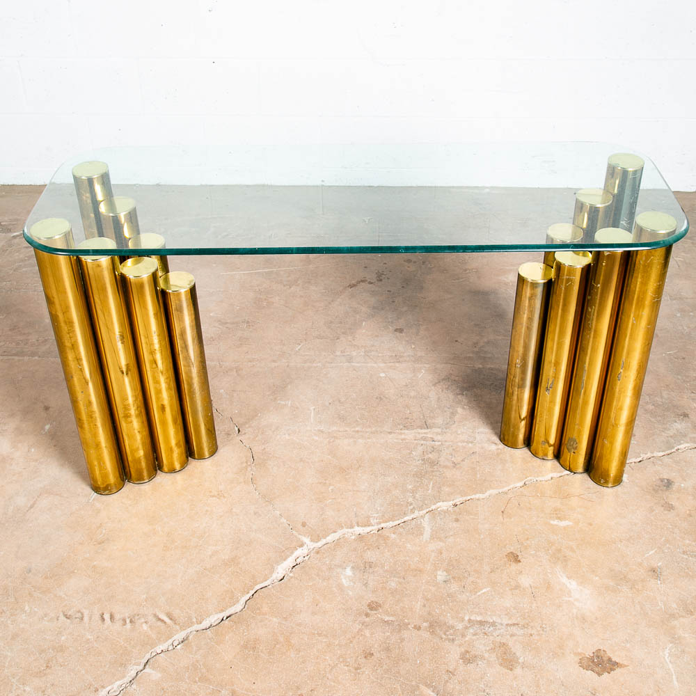 Mid Century Modern Console Table Brass Glass Vintage Circular Gold Cylinder Mcm - Image 2