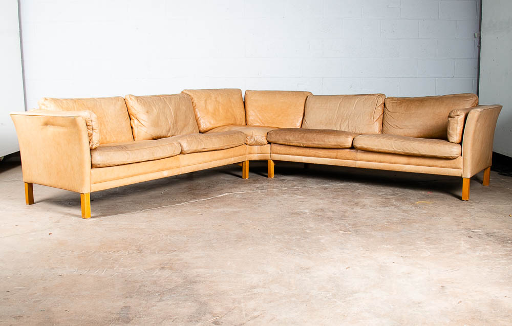 Mid Century Danish Modern Sectional Sofa Couch Leather Tan Natural Mogens Hansen - Image 4