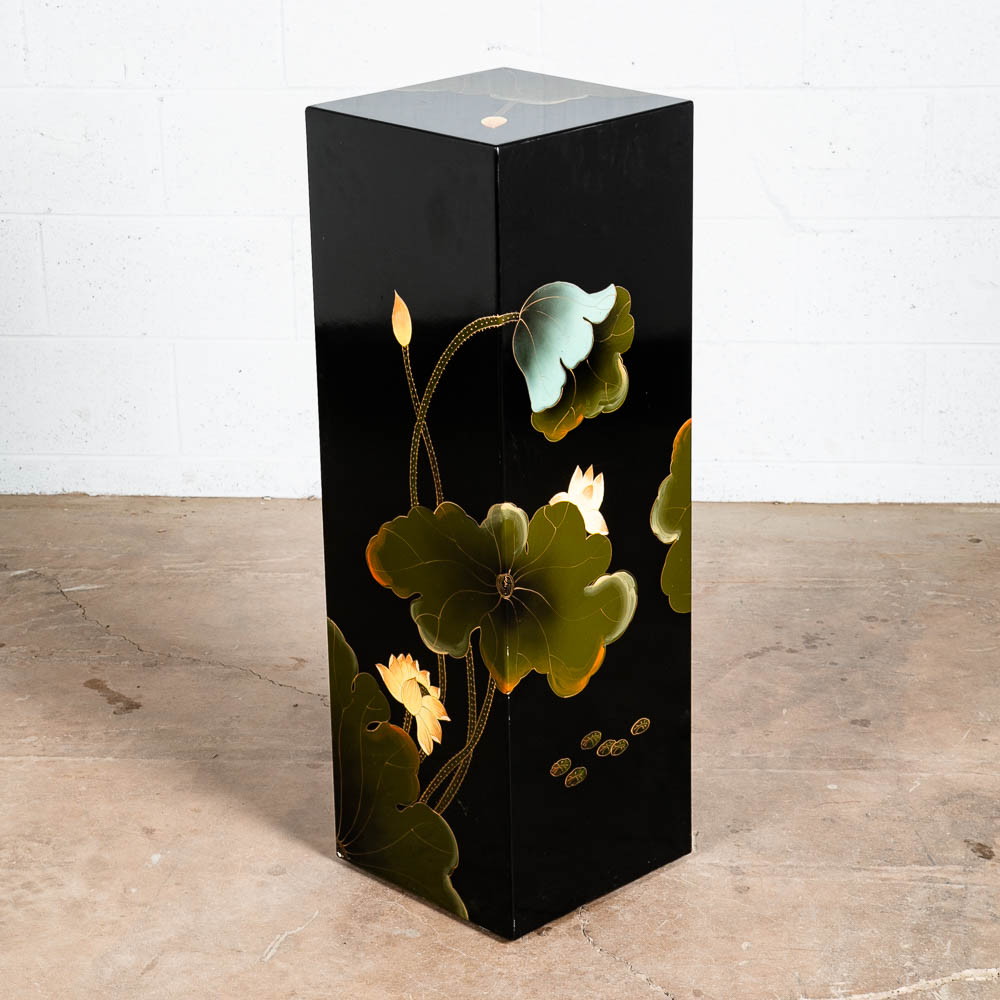 Mid Century Modern Pedestal Black Laquer Table Hand Painted Display Art Asian NM
