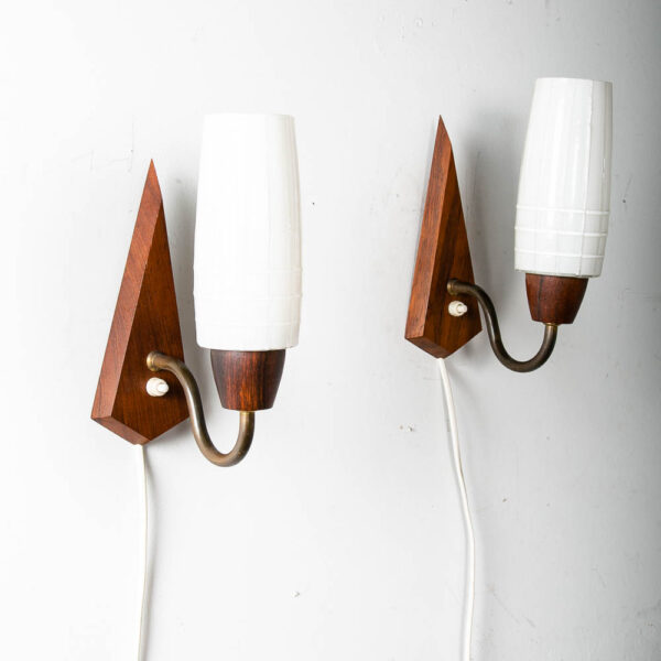 Mid Century Modern Wall Sconce Lamp Set Light Frosted Glass Light Rosewood Pair - Image 5