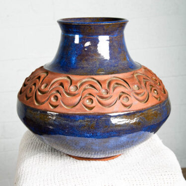 Mid Century Modern Art Pottery Vase Studio Ceramics Blue Orange Tall Signed B NM