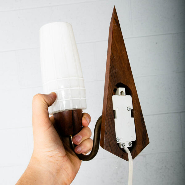 Mid Century Modern Wall Sconce Lamp Set Light Frosted Glass Light Rosewood Pair - Image 8