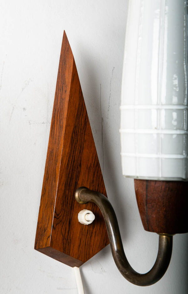 Mid Century Modern Wall Sconce Lamp Set Light Frosted Glass Light Rosewood Pair - Image 6