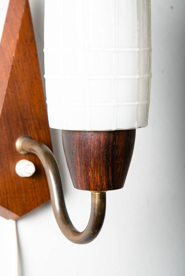 Mid Century Modern Wall Sconce Lamp Set Light Frosted Glass Light Rosewood Pair - Image 10