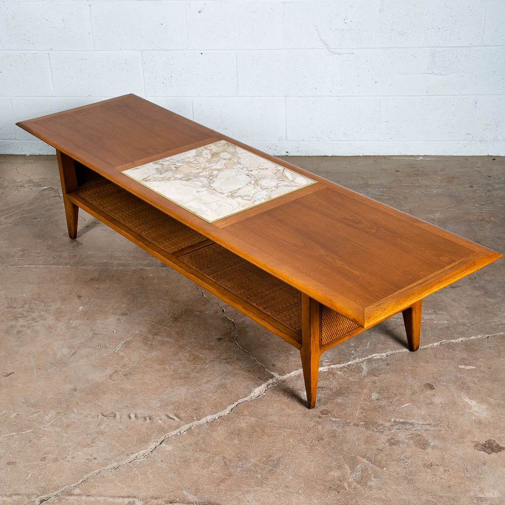 Mid Century Modern Coffee Table Drexel Surfboard White Marble Walnut Wood Mcm LG