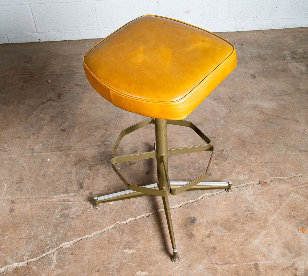 Mid Century Modern Bar Stool Mustard Yellow Metal Back 30" High Swivel Chair Mcm - Image 2