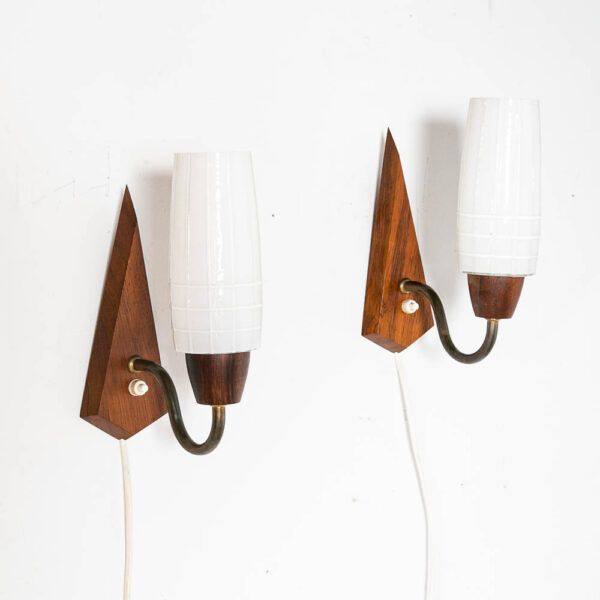 Mid Century Modern Wall Sconce Lamp Set Light Frosted Glass Light Rosewood Pair