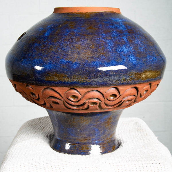 Mid Century Modern Art Pottery Vase Studio Ceramics Blue Orange Tall Signed B NM - Image 4