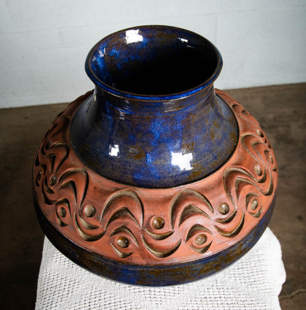 Mid Century Modern Art Pottery Vase Studio Ceramics Blue Orange Tall Signed B NM - Image 2