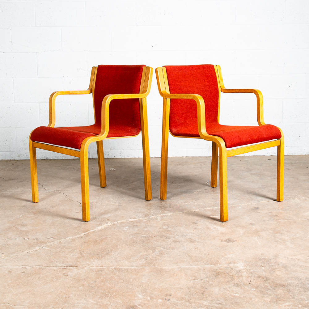 Mid Century Modern Dining Chairs Set 4 Arms Stendig Sculptural Red Oak Stackable - Image 3