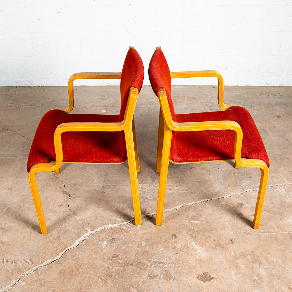 Mid Century Modern Dining Chairs Set 4 Arms Stendig Sculptural Red Oak Stackable - Image 4