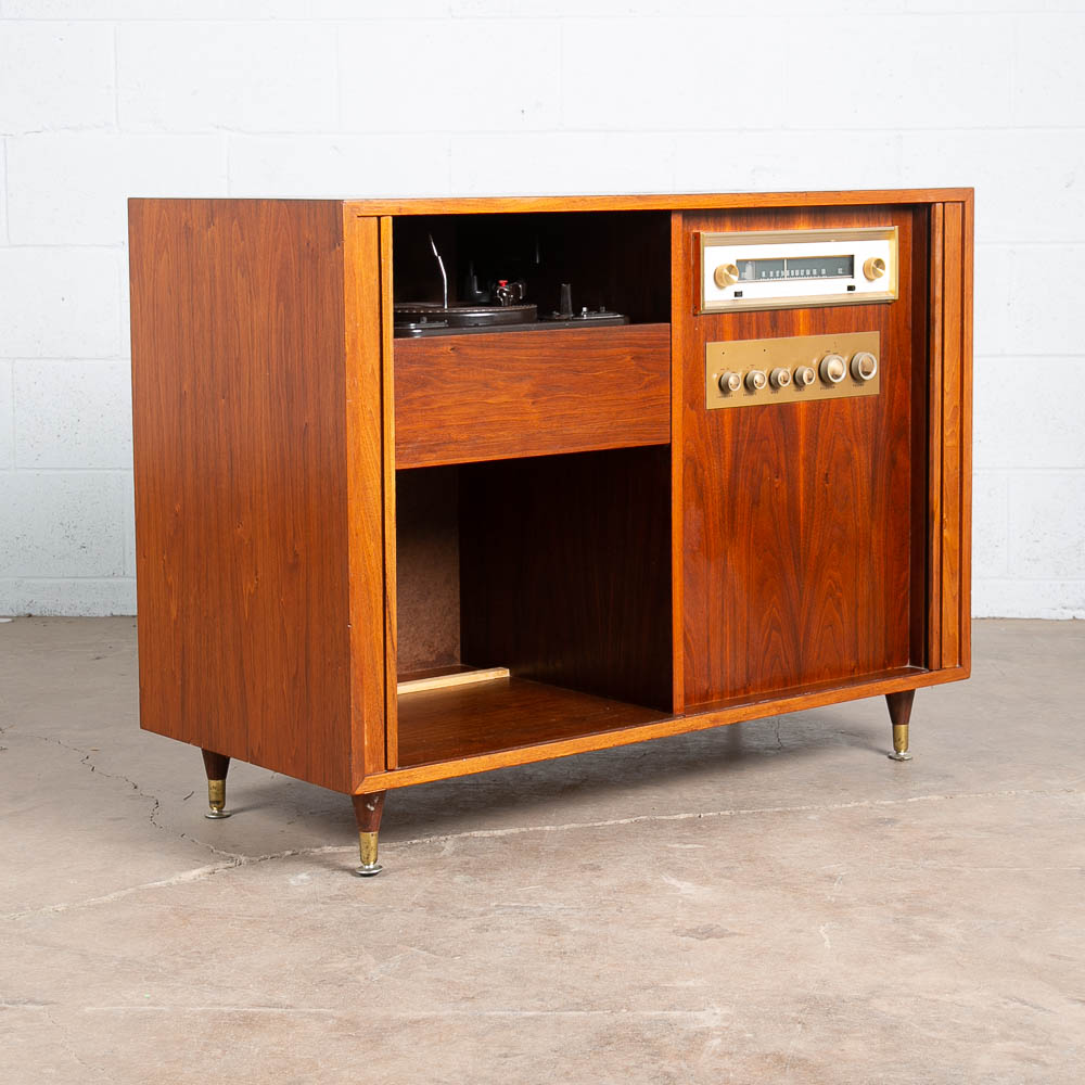 Mid Century Modern Credenza Stereo Console Cabinet Tambour Door Barzilay Walnut