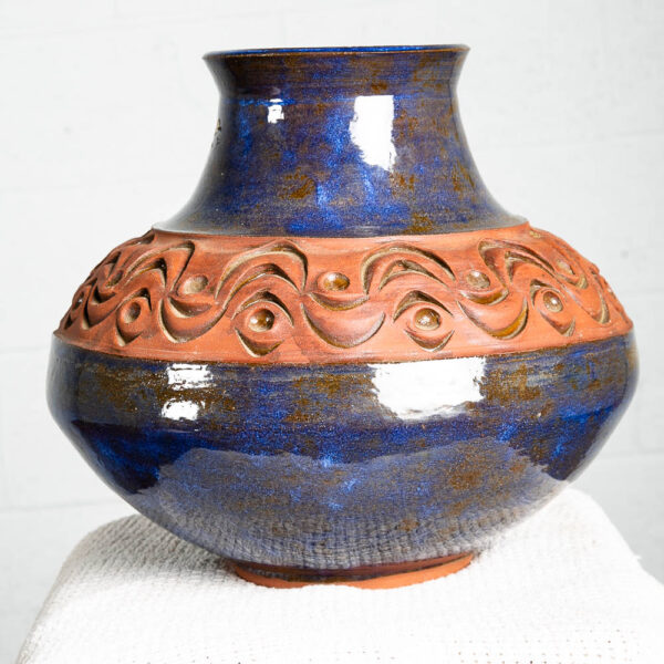 Mid Century Modern Art Pottery Vase Studio Ceramics Blue Orange Tall Signed B NM - Image 7