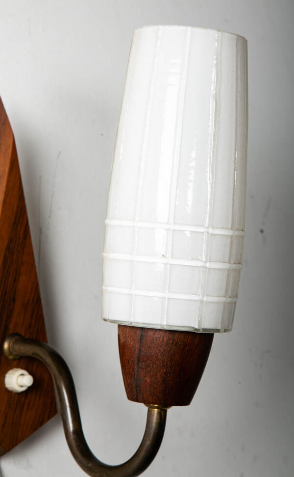 Mid Century Modern Wall Sconce Lamp Set Light Frosted Glass Light Rosewood Pair - Image 11