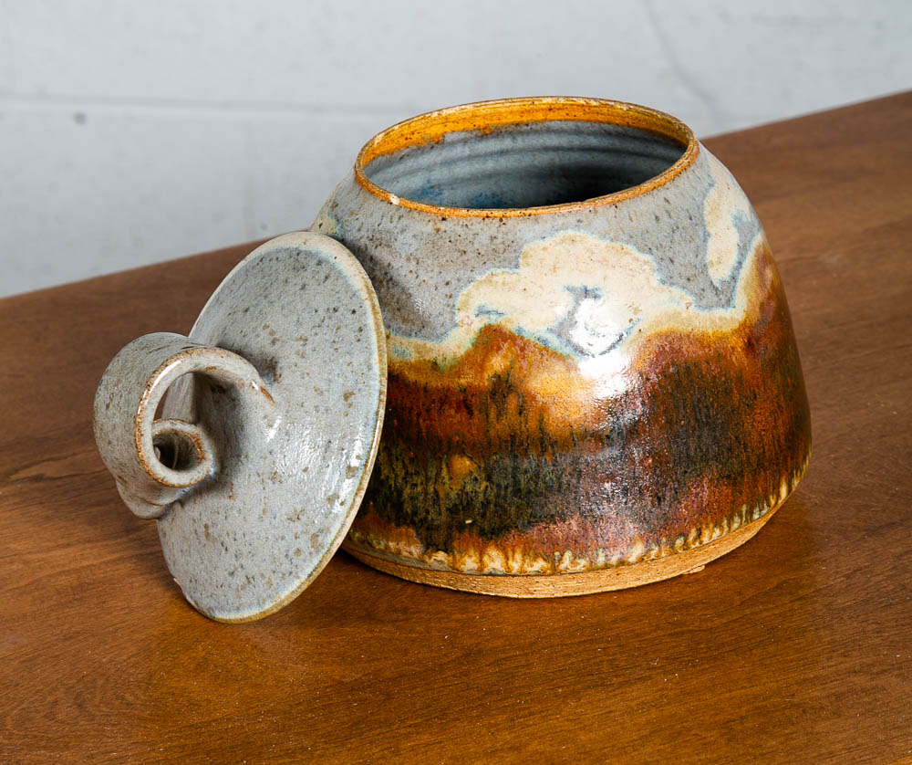 Mid Century Modern Studio Pottery Pot Lidded Drip Glaze Ceramic Brown Signed - Image 2